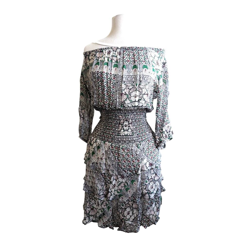 Maje Mini Dress 💐 Elastic Waist & Neck US Small Multi Color Tiered Ruffle $495